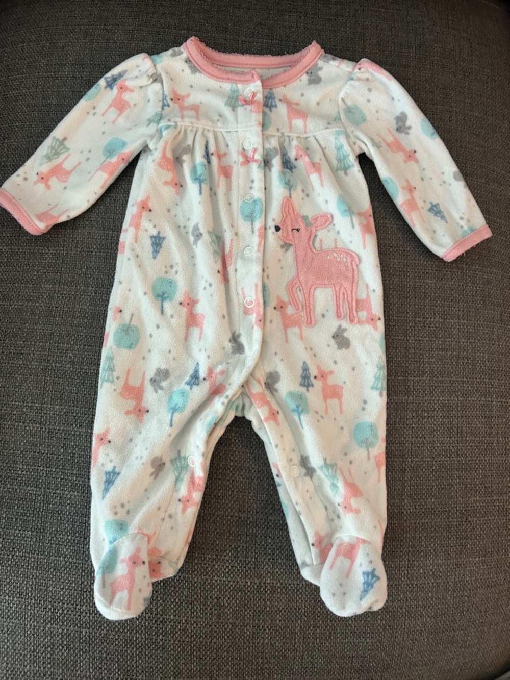 Baby Girl Pink & Mint Deer Print One-Piece Footed Sleeper
